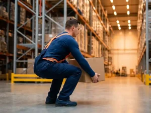 Magazijnmedewerker in blauw uniform tilt kartonnen doos met correcte houding, industriële stellingen op achtergrond, oranje veiligheidsvest