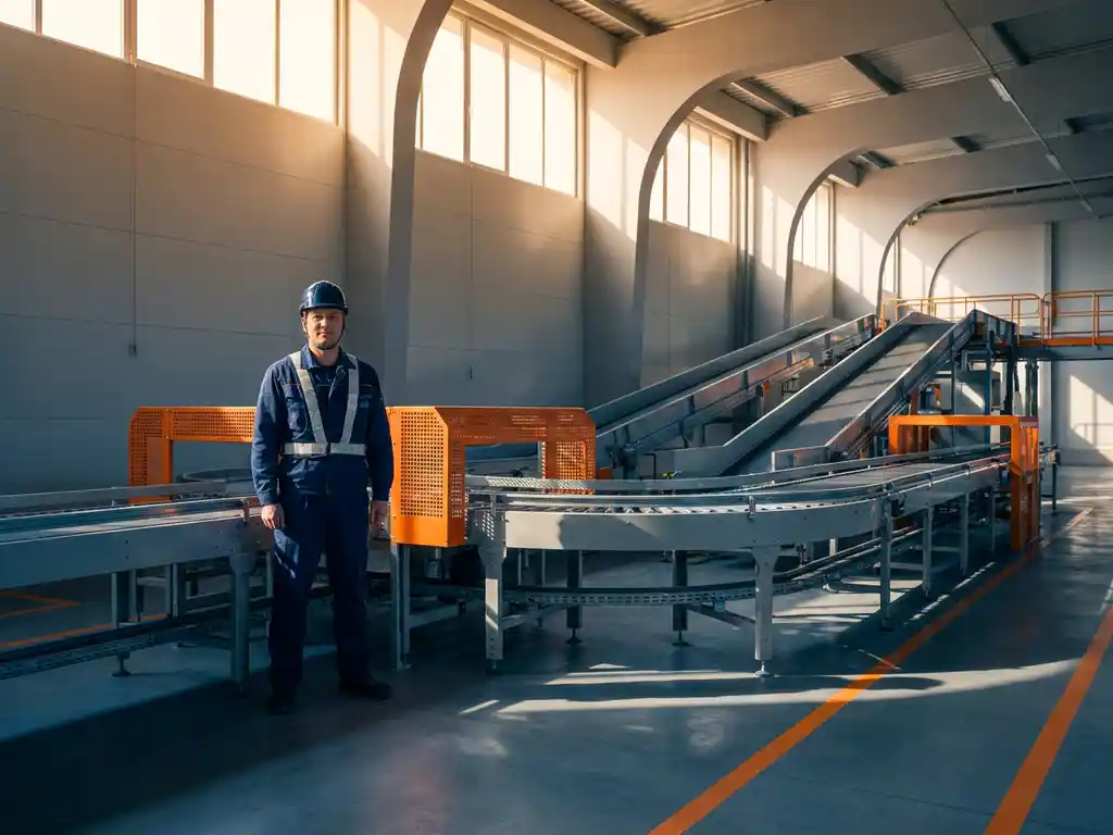 Machineoperator in marineblauw uniform naast industriële transportband in modern magazijn met oranje veiligheidselementen
