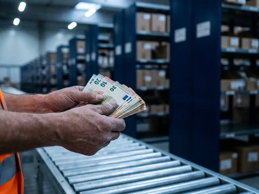 Verweerde handen tellen eurobiljetten boven een lopende band in een magazijn met donkerblauwe stellingen en oranje veiligheidsvest