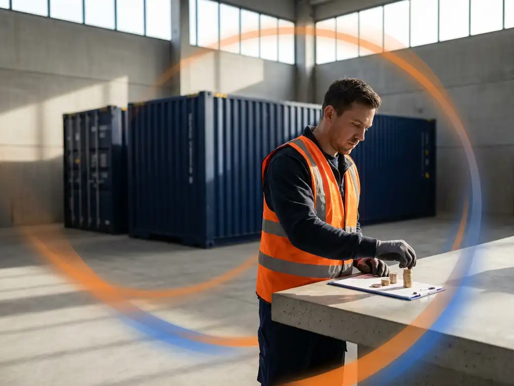 Magazijnmedewerker in oranje veiligheidsvest telt euromunten op klembord, blauwe scheepscontainers op achtergrond in industriële omgeving