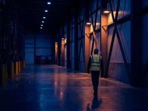 Magazijnmedewerker met veiligheidsvest loopt door industriële gang met blauwe schaduwen en oranje plafondverlichting op betonnen vloer
