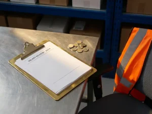 Messing klembord met salarisdocumenten op stalen bureau, euromunten ernaast, oranje veiligheidsvest over bureaustoel, magazijnstellingen op achtergrond.