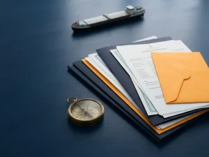 Stapel maritieme documenten en certificaten op marineblauw bureau met koperen kompas en vrachtschipmodel op achtergrond