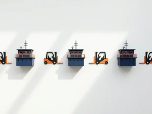 Miniatuur vrachtschepen en vorkheftrucks in marineblauw en oranje op witte achtergrond, bovenaanzicht met zachte schaduwen