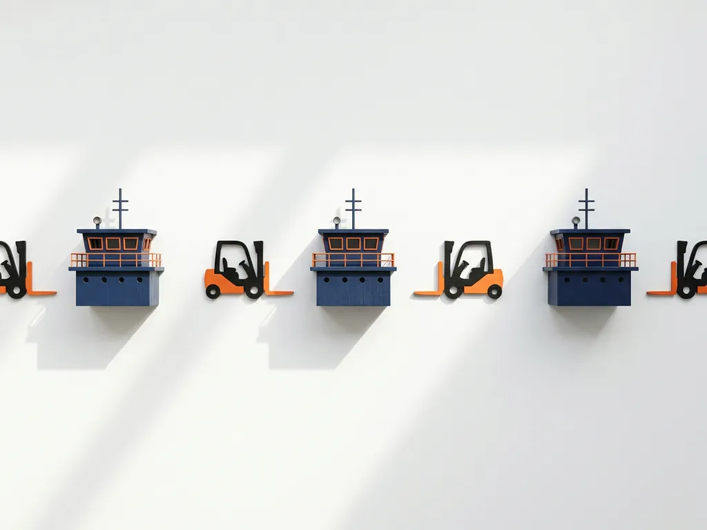 Miniatuur vrachtschepen en vorkheftrucks in marineblauw en oranje op witte achtergrond, bovenaanzicht met zachte schaduwen