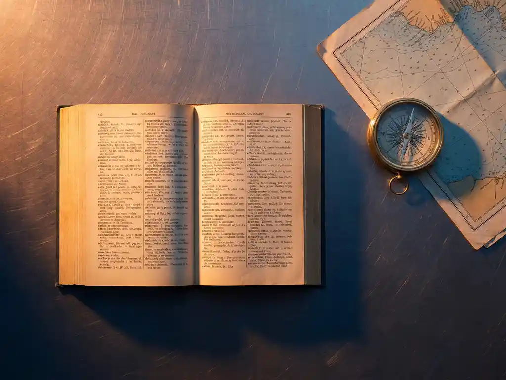 Verweerd meertalig woordenboek opengeslagen op stalen bureau naast koperen kompas en gevouwen zeekaart, warm oranje licht van links