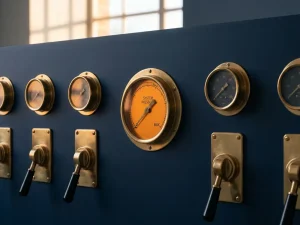 Gepolijst messing bedieningspaneel met manometers en hendels op marineblauw muur, opvallende oranje draaiknop centraal geplaatst