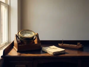 Verweerd koperen scheepskompas op gepolijst eikenhouten bureau naast documenten en miniatuur vrachtschipmodel in warm middaglicht