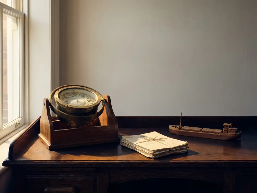 Verweerd koperen scheepskompas op gepolijst eikenhouten bureau naast documenten en miniatuur vrachtschipmodel in warm middaglicht