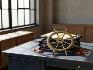 Gepolijst messing scheepsstuurwiel rustend op gestapelde professionele certificaten en diploma's, marineblauw bureau met oranje paperclips, natuurlijk licht.