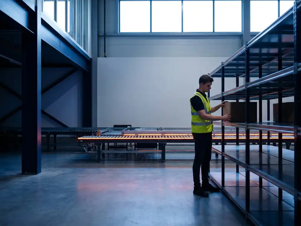 Magazijnmedewerker in veiligheidsvest sorteert pakketten op industriële stellingen in modern distributiecentrum met oranje accentverlichting.