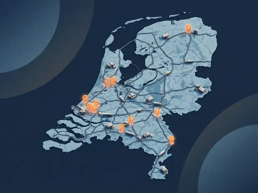 Kaart van Nederland met oranje locatiepinnen in logistieke regio's, miniatuur magazijnen en vrachtwagens verspreid over het landschap.