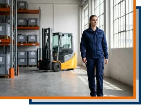 Jonge magazijnmedewerker in marineblauw uniform betreedt zelfverzekerd moderne werkplaats met heftruck en opslagstellingen op de achtergrond