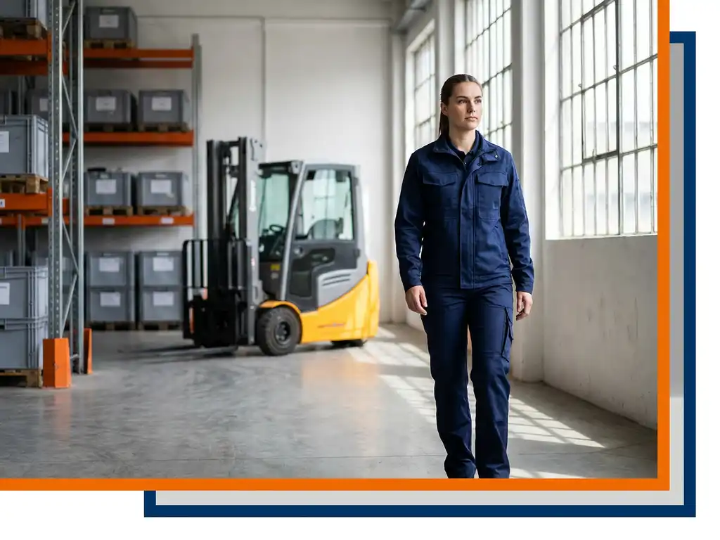 Jonge magazijnmedewerker in marineblauw uniform betreedt zelfverzekerd moderne werkplaats met heftruck en opslagstellingen op de achtergrond