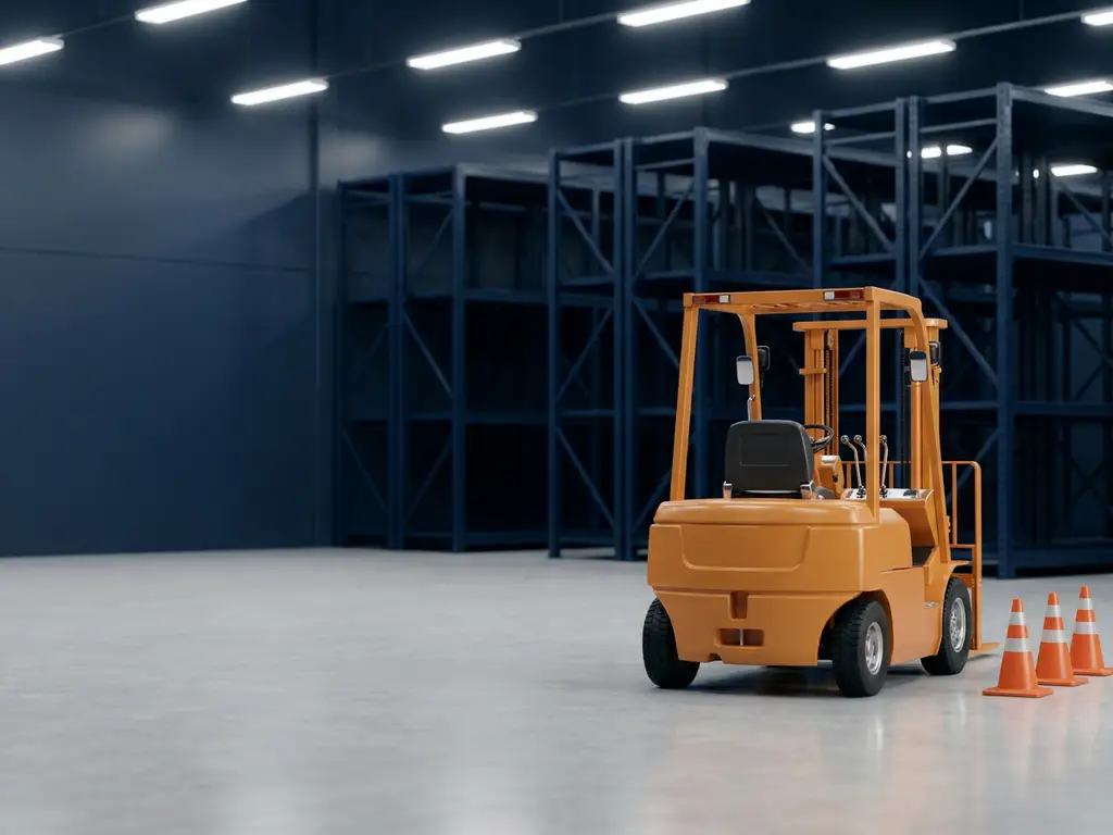 Oranje heftruck met glanzende bedieningselementen in een ruime magazijntrainingsruimte met donkerblauwe industriële stellingen op de achtergrond.