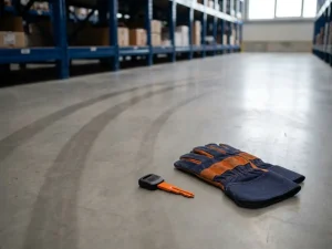 Oranje vorkheftrucksleutel naast werkhandschoenen op magazijnvloer, industriële stellingen op achtergrond