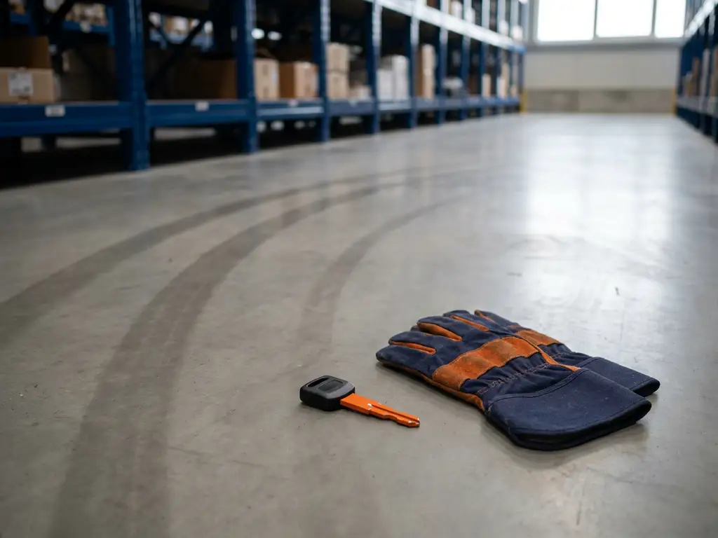 Oranje vorkheftrucksleutel naast werkhandschoenen op magazijnvloer, industriële stellingen op achtergrond