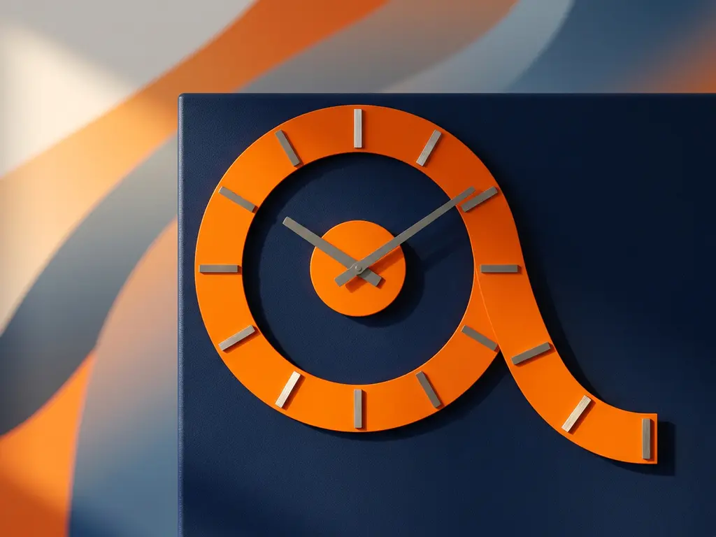 Oranje magazijnklok met verstelbare uurmarkeringen in flexibel boogpatroon op donkerblauw industrieel oppervlak, minimalistisch design.