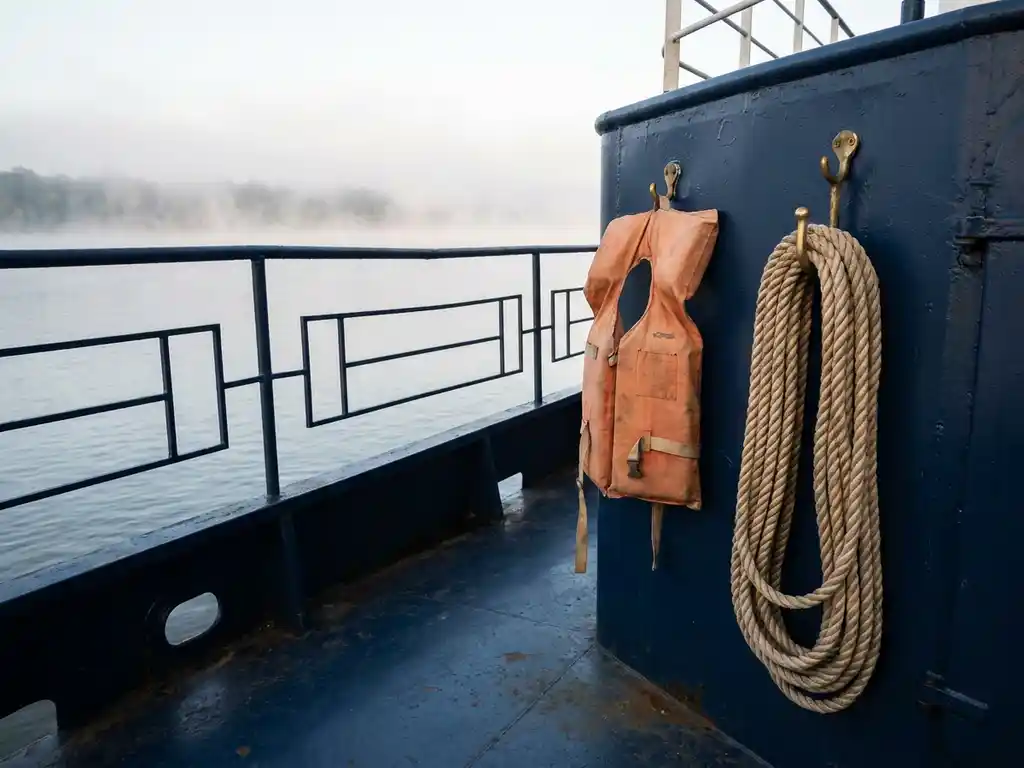 Verweerde oranje reddingsvest aan koperen haak naast opgerold meertouw op marineblauw scheepsdek, ochtendnevel boven kalm rivierwater.