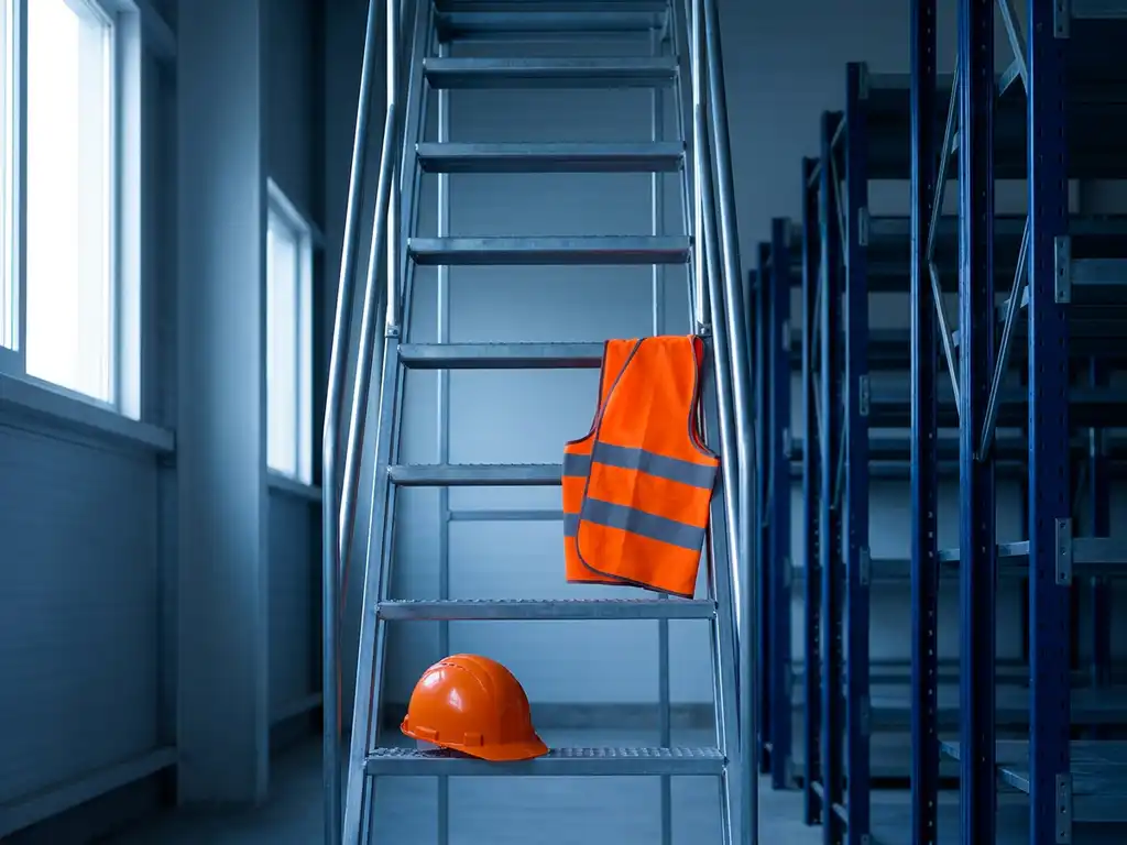 Oranje veiligheidshelm op onderste sport van stalen magazijnladder, hesje over middelste sport, industriële stellingen op achtergrond