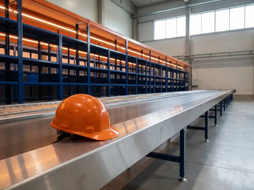 Oranje veiligheidshelm op transportband in modern magazijn met industriële stellingen op de achtergrond