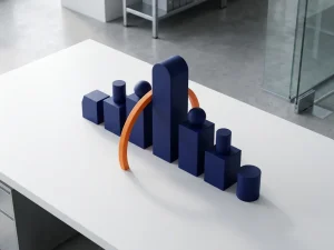 Marineblauw geometrische figuren in organisatiehiërarchie met oranje accent op geselecteerde leider, minimalistische vectorstijl op witte achtergrond.