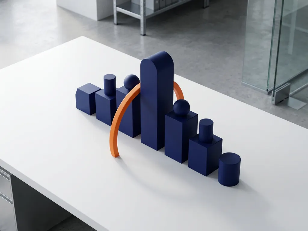 Marineblauw geometrische figuren in organisatiehiërarchie met oranje accent op geselecteerde leider, minimalistische vectorstijl op witte achtergrond.