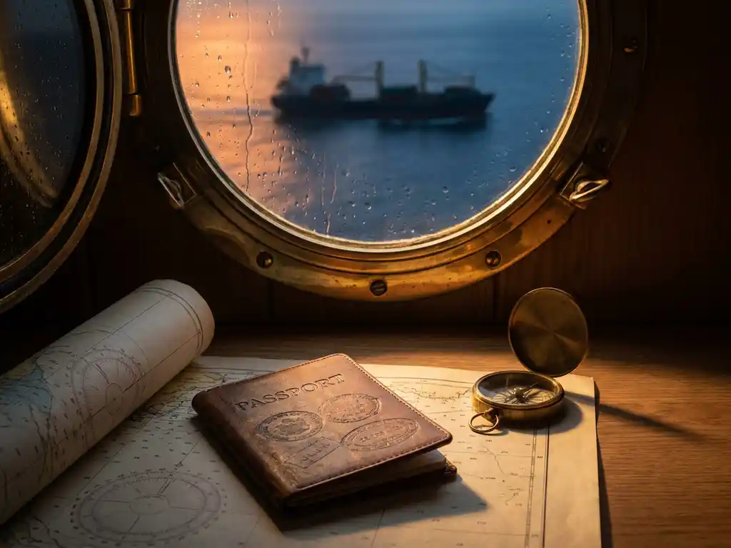 Verweerd paspoort op zeekaart naast koperen kompas, vrachtschip zichtbaar door regendruppels op patrijspoort, warme zonsondergang.