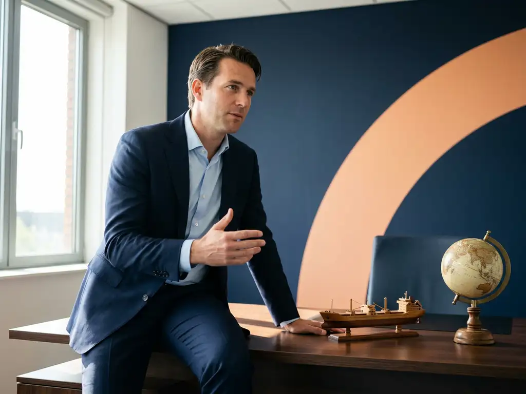 Professionele onderhandelaar in gesprek aan bureau met scheepsmodel en wereldbol, moderne kantooromgeving met marineblauw en oranje accenten.
