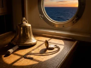 Gepolijste scheepsbel op verweerd eikenhouten bureau naast vintage zakhorloge, oranje zonsonderganglicht door patrijspoort met diepblauwe zee.