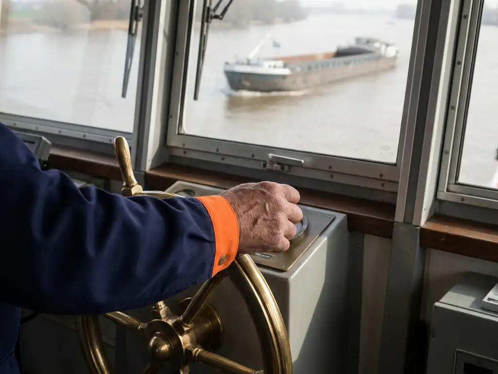 Verweerde hand van scheepskapitein op gepolijst koperen stuurwiel, vrachtschip zichtbaar door stuurhuisraam op kalm rivierwater.
