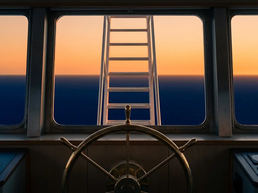 Koperen scheepsroer op de brug met trap naar heldere horizon, marineblauw water en oranje zonsondergang die het pad vooruit verlicht.