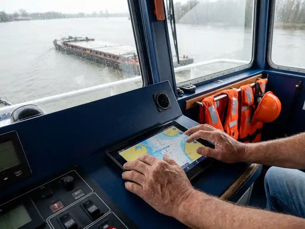 Verweerde handen van een scheepskapitein op een digitale navigatietablet in de stuurhut, met rivieraak zichtbaar door regendruppels op de ramen.