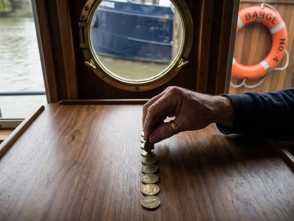 Verweerde kapiteinshanden plaatsen koperen munten op een rij op een gepolijste navigatietafel, oranje reddingsboei aan de wand, rivierboot.