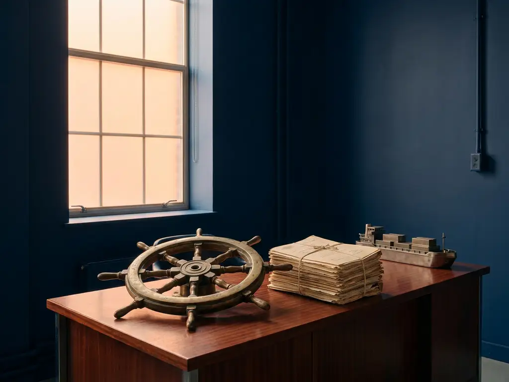 Koperen scheepsroer op mahoniehouten bureau naast gestapelde documenten en modelvrachtschip, warm middaglicht tegen marineblauw.