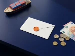 Witte envelop met oranje zegel en euromunten en -biljetten op een donkerblauw bureau, vrachtschipmodel op de achtergrond.