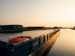 Vrachtschip met donkerblauwe romp en oranje meertouw vaart bij zonsondergang over kalm kanaalwater, pakhuizen aan de horizon.