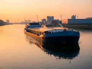 Vrachtschip met donkerblauwe romp vaart over kalme gracht bij zonsondergang, oranje licht weerspiegelt op het water, industriële Nederlandse horizon.
