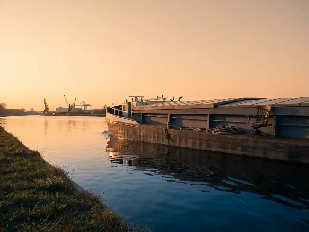 Vrachtschip vaart door kalm kanaalwater bij zonsondergang, opgerolde touwen op dek, industriële kranen aan de horizon.