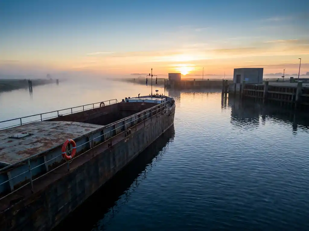 Verweerde vrachtschip glijdt bij dageraad over kalm kanaalwater, oranje reddingsboei aan de reling, gouden ochtendlicht werpt schaduwen