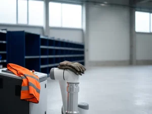 Verweerde werkhandschoenen op een robotarm in modern magazijn, oranje veiligheidsvest over apparatuur, natuurlijk licht.