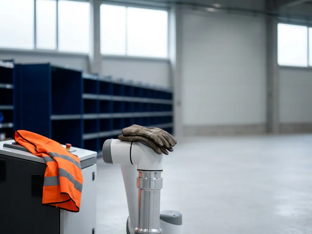 Verweerde werkhandschoenen op een robotarm in modern magazijn, oranje veiligheidsvest over apparatuur, natuurlijk licht.