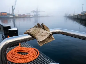Verweerde werkhandschoenen op stalen reling van vrachtschip, opgerolde oranje meertros, nevelige haven met diepblauw rivierwater op de achtergrond.