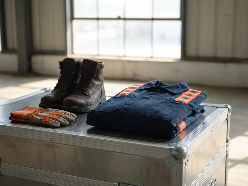 Marineblauw werkjasje met oranje reflectiestrepen, veiligheidsschoenen en handschoenen op stalen oppervlak in magazijn
