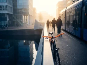 Fiets met oranje stuur geparkeerd naast blauwe tram op Amsterdamse grachtenbrug, ochtendlicht en voetgangers op de achtergrond