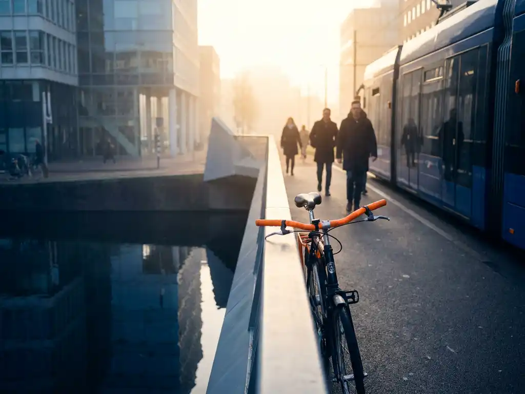 Fiets met oranje stuur geparkeerd naast blauwe tram op Amsterdamse grachtenbrug, ochtendlicht en voetgangers op de achtergrond