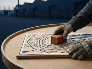 Verweerde handen plaatsen een oranje miniatuur zeecontainer op een plattegrond van Amsterdamse grachten, met blauwe pakhuissilhouetten op de achtergrond.