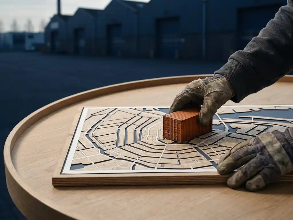 Verweerde handen plaatsen een oranje miniatuur zeecontainer op een plattegrond van Amsterdamse grachten, met blauwe pakhuissilhouetten op de achtergrond.