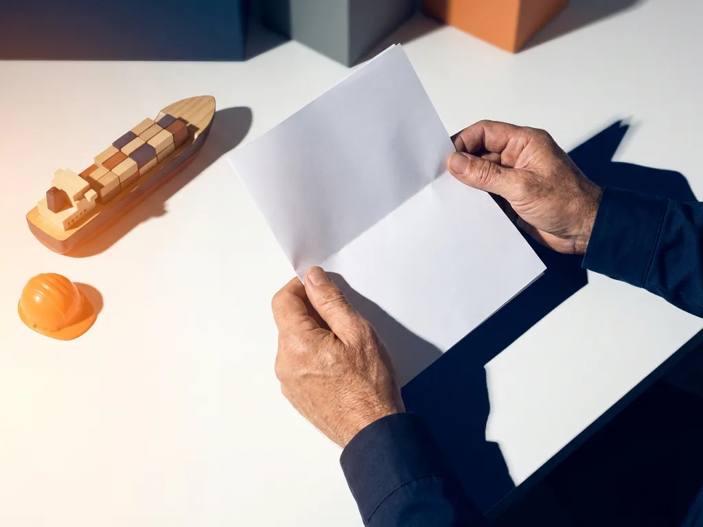 Verweerde handen houden een arbeidscontract boven een wit bureau met een scheepsmodel en oranje veiligheidshelm.