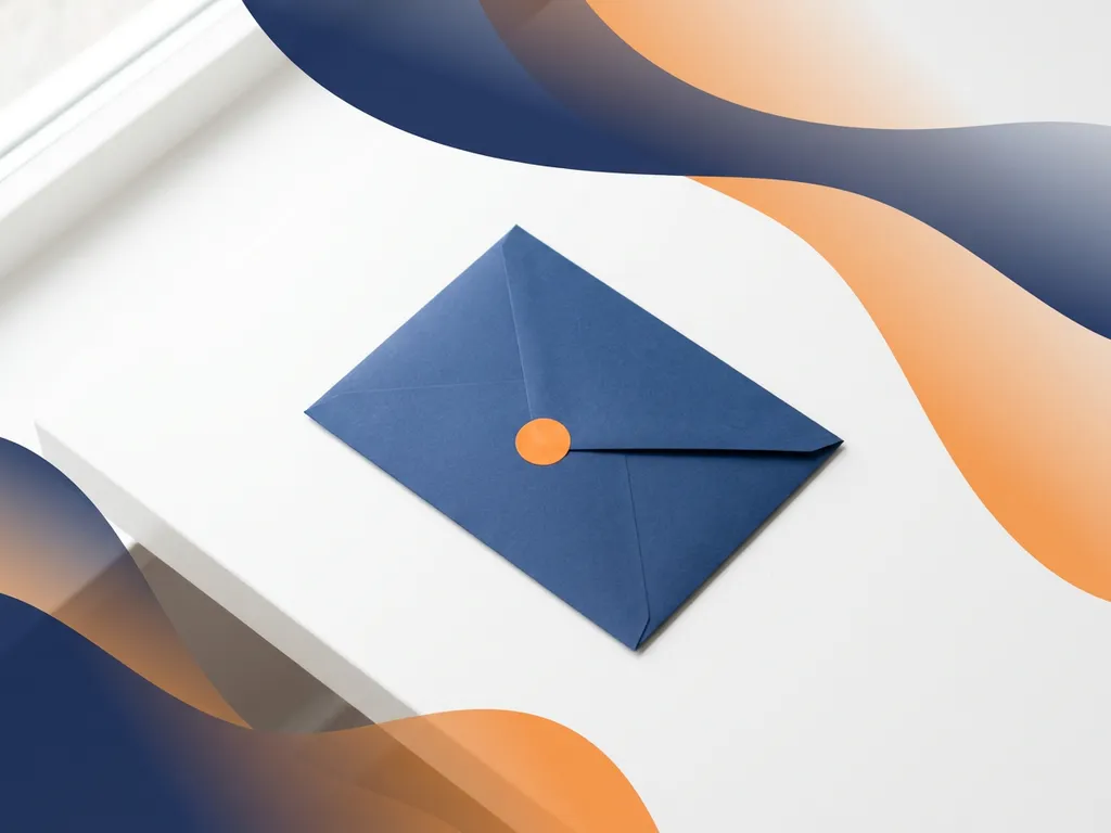 Diepblauwe envelop met oranje notificatiestip op wit bureau, minimalistische compositie met zachte gradiëntvormen op de achtergrond.